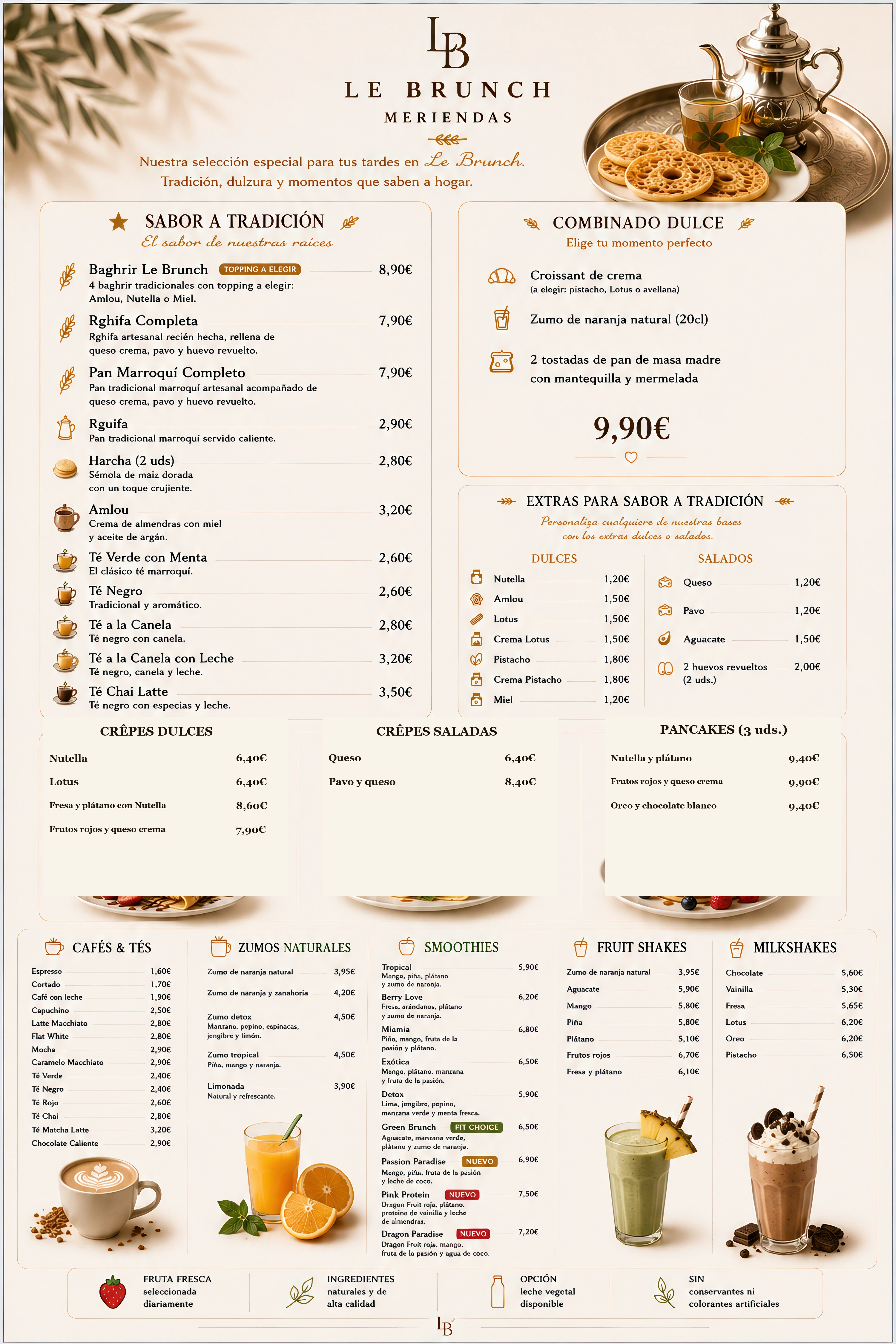 Carta de meriendas Le Brunch con crepes, pancakes, cafes, tes, zumos, smoothies, fruit shakes y milkshakes